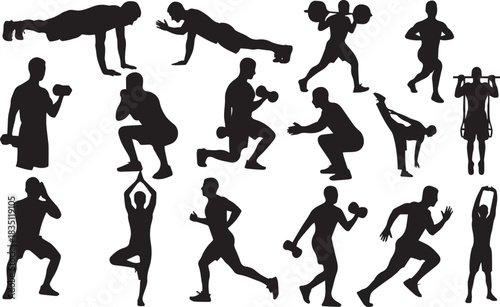 Collection of black vector silhouettes showing men in various fitness and gym workout exercise poses