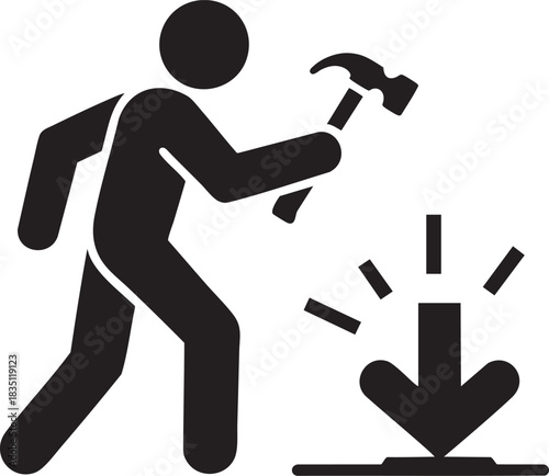 Black and white construction icon of worker hammering anchor into ground, installation, building setup, fastening and construction process symbol