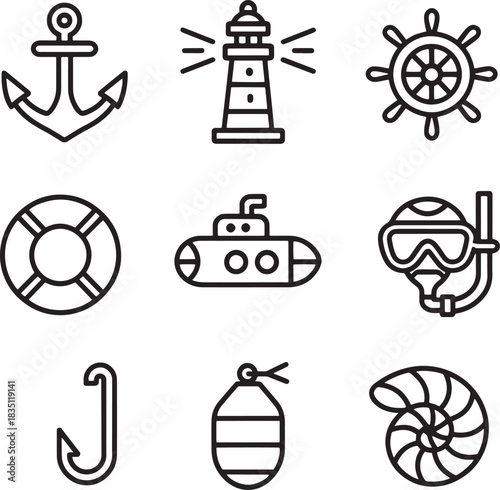 Nautical sea marine related icons on transparent background line style vector