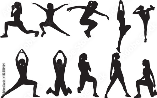 Silhouettes of Fitness Flexible Figures Exercising in Diverse Yoga Poses and Stretches