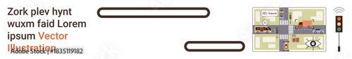 Smart cities, transportation, traffic management, urban technology, road safety, mobility solutions. ion of a city road intersection with vehicles, sensors and signals. Smart cities