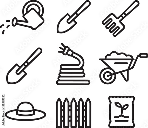 Set of outline icons for gardening and agriculture with watering can and shovel