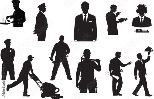 A diverse collection of male worker silhouettes representing various professional occupations, jobs, and careers