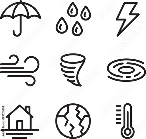 Weather forecast outline icon set containing umbrella rain lightning wind tornado
