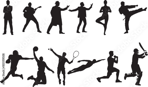 A diverse collection of vector silhouettes showing people in various sports, professions, and lifestyle activities