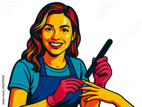 cheerful female nail technician filing a client nails, ideal for beauty and salon themes. Generative ai vector colorful pop art illustration.