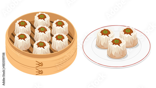 A traditional bamboo steamer holds eight savory shumai dumplings, appearing alongside a separate serving of three on a white plate