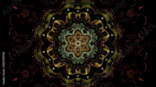 Complex ornamental mandala with swirling metallic shapes meditative ornament, symmetrical kaleidoscope star geometry rendered in 3D, dark abstract digital artwork with intricate detail and hypnotic