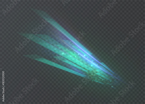 Diagonal turquoise energy beams with glitter dust on dark background, dynamic fast motion strip for high speed internet, digital tunnel and technological power effects.