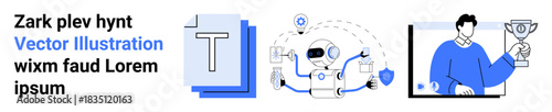Artificial intelligence, creative process, automation, innovation, technology, human interaction. A robot surrounded by icons, a text layout and a creative person holding a trophy. Artificial