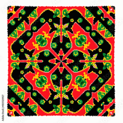 Modern and sleek flat vector of African patterned cloth with geometric red, black, and green motifs  