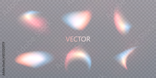 Rainbow light refraction flares in soft curved shapes on a transparent background. Vector pastel glare elements for overlays in illustrations, cosmetic layouts and dreamy design.
