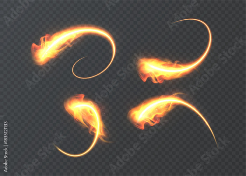 Fiery light streams with long curved flame tails on a dark transparent background. Vector fire trails for magic spells, fantasy hits, UI highlights and dramatic motion design.