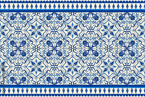 Elegant blue ornamental floral pattern with Mediterranean-inspired symmetry. Ideal for textiles, wallpapers, home decor, table runners, and fabric print projects in blue and cream tones.