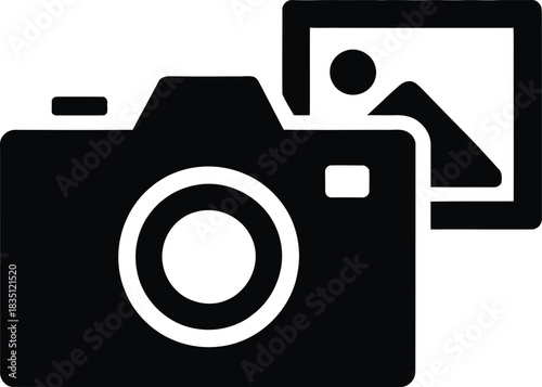 black silhouette rectangular camera icon, simple photography device vector on white background.