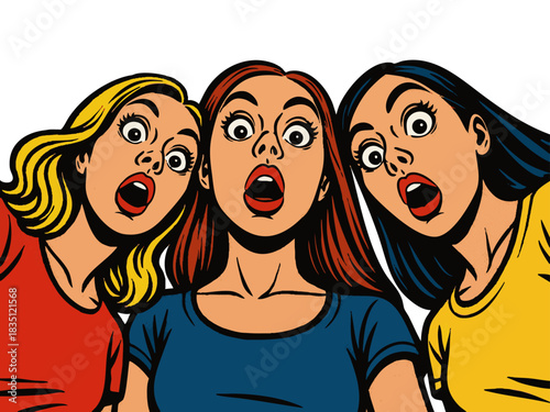 three women with wide eyes and open mouths, looking downward in a dramatic and shocked expression. Generative ai vector colorful pop art illustration.