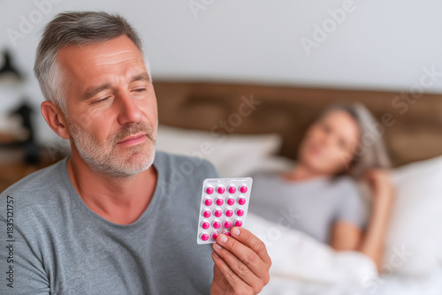 A man holds a pill pack to increase potency before sex
