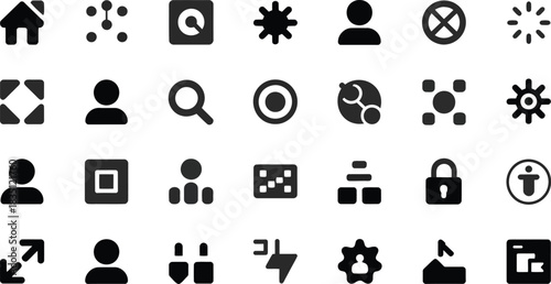 black silhouette mixed UI icon pack including search, gear, profile, chart, network, simple clean vector on white background.