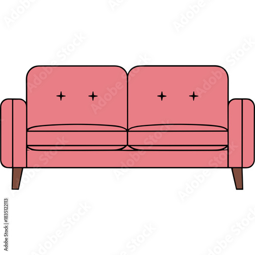 Simple Pink Two Seater Sofa with Dark Brown Legs and Black Cross Button Details on a Plain Black Background
