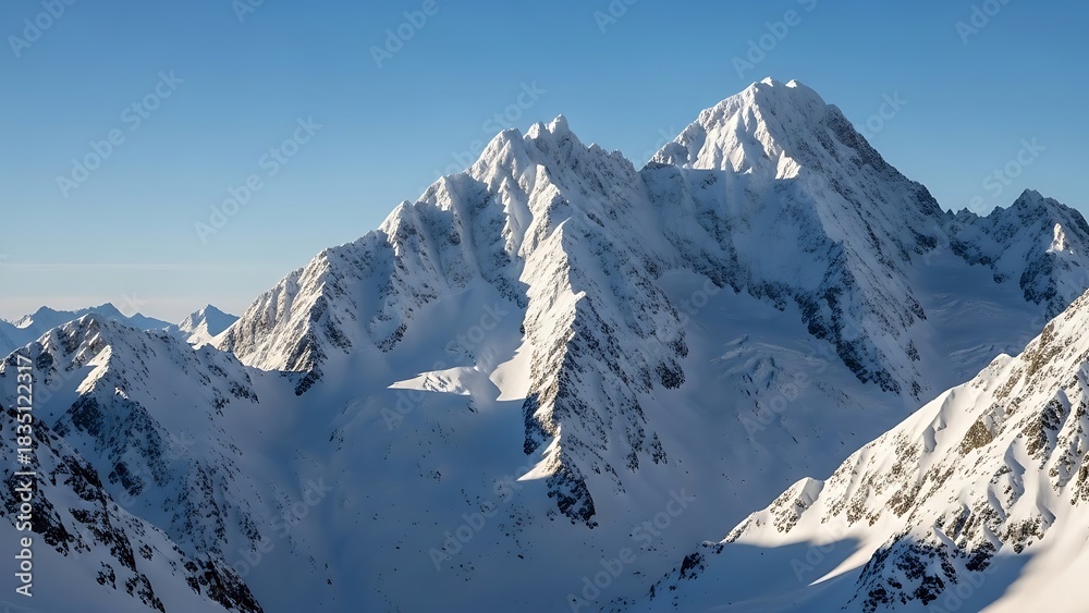 Obraz premium Sunlit Alpine Peaks: Jagged Snow-Covered Mountains Under a Crisp Blue Winter Sky Dramatic Shadows.
