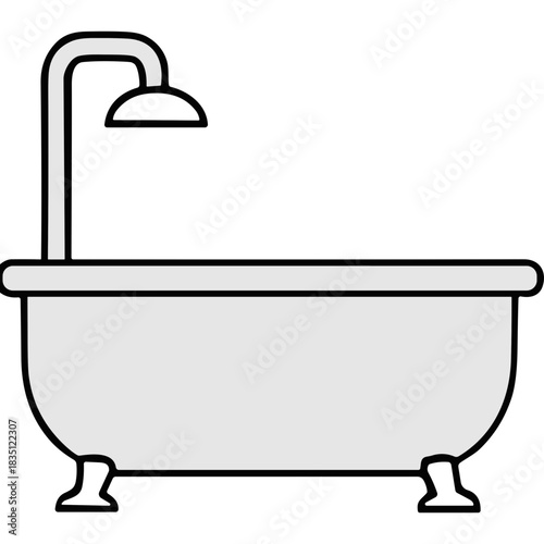 Simple Line Art Illustration of a Bathtub with a Shower Head on a Black Background for Cleanliness and Hygiene Concepts