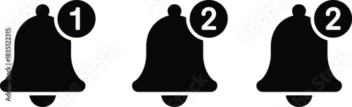black silhouette bell notification icon with round counter badge, minimal alert symbol, clean white vector.