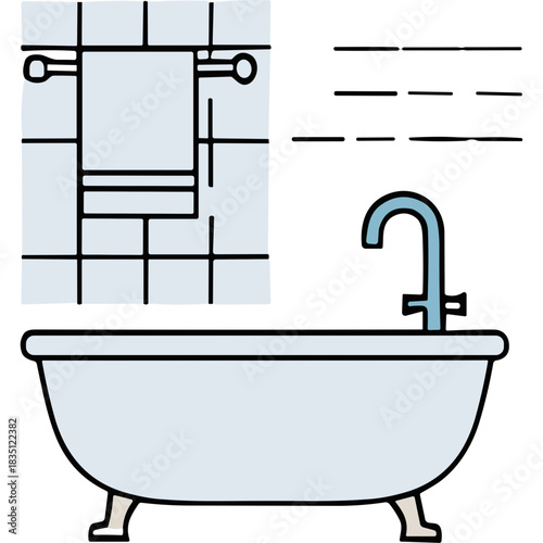 Simple Line Drawing Of A Bathtub And Wall Tiles With A Towel Hanging On A Rack In A Bathroom Setting With Light Blue Accents