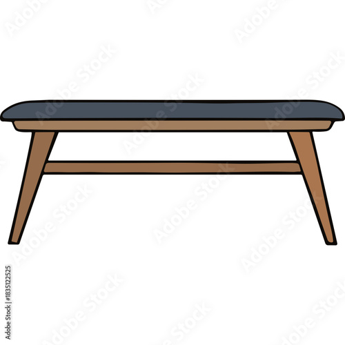 Simple Mid Century Modern Wooden Bench With Blue Upholstered Seat Isolated On White Background Vector Illustration Minimalist Design