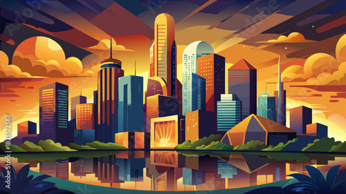 Very beautiful golden sunset light reflects across Houston’s shimmering skyline, revealing modern glass towers, warm glowing clouds, and a dynamic urban scene full of energy and evening color.