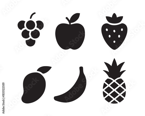 apple with leaf, curved banana, grape cluster with stem, pineapple with crown, orange slice, pear, Banana bunch, agrape cluster, pineapple, watermelon slice, and a cherry pair, lemon wedge, pomegranat