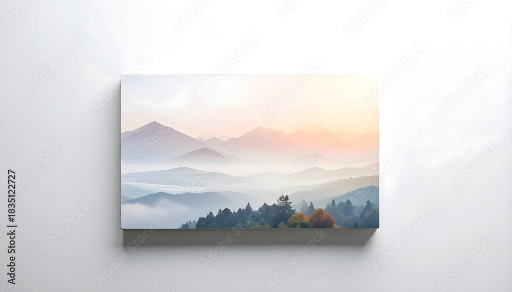 Naklejka premium Landscape Painting of Mountain Range in Soft Pastel Colors on White Wall
