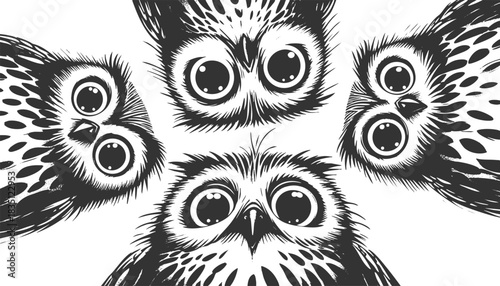 wide-eyed owls peeking downward with expressive faces sketch engraving generative ai vector illustration. Scratch board imitation. Black and white image.