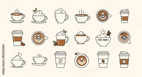 Collection of various coffee cups and drinks in a hand-drawn doodle style.