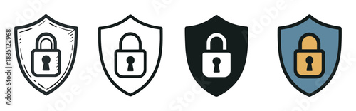 Four shield and padlock security icons in various styles including sketch, line art, silhouette, and flat color, symbolizing concepts of protection, safety, and digital privacy