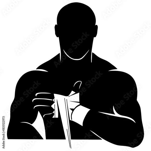 A powerful black silhouette graphic of a muscular fighter, boxer, or MMA athlete wrapping their hands with athletic tape or gauze.