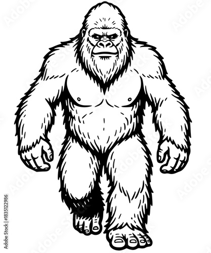 Black line art illustration of a muscular, mythical creature, often called a Yeti, Sasquatch, or Abominable Snowman, walking forward. Great for adventure, mystery, folklore, or cryptid designs.