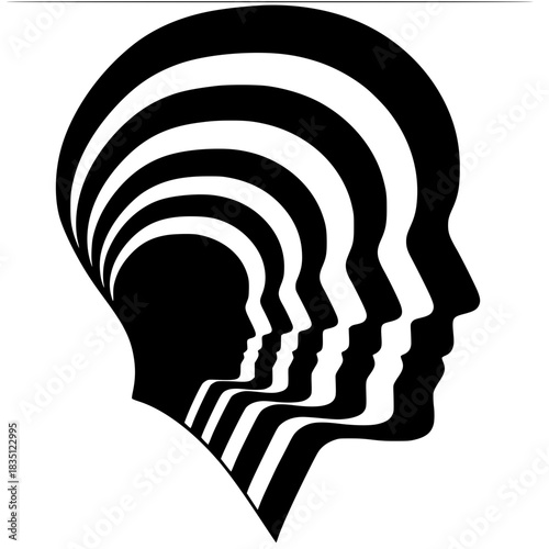 Abstract black graphic illustration of multiple human head profiles nested inside each other, creating an optical illusion and symbolizing growth, generational lineage, identity, psychology,