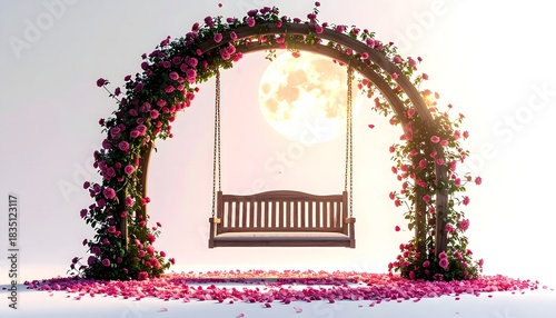 Beautiful floral arch swing illuminated by full moon glow high resolution image