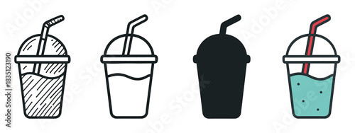Set of four disposable drink cup icons shown in different graphic styles including sketch, line art, silhouette, and color for a minimalist design concept