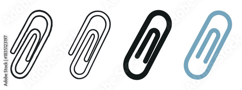 Paperclip icon set with four different styles including outline, thin line, solid black, and blue color variations for office, school, and business concepts