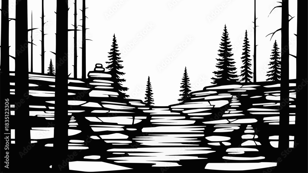 Naklejka premium Monochrome Forest Landscape with Rocky Terrain and Evergreen Trees.