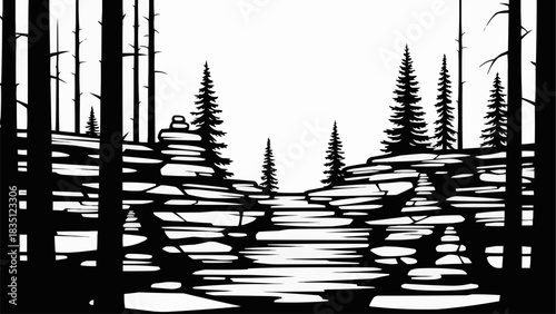 Monochrome Forest Landscape with Rocky Terrain and Evergreen Trees.