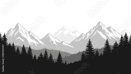 Majestic mountain range silhouette with towering trees and serene atmosphere.