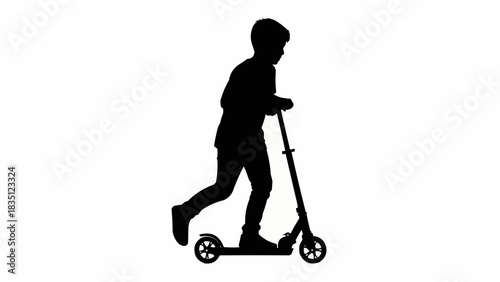 Silhouette of a child riding a scooter against a white background.