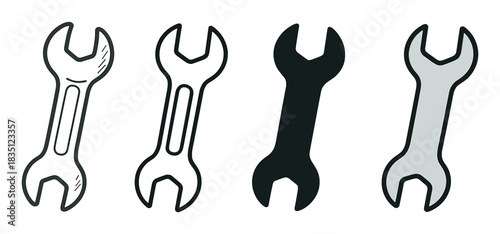 Four double open-ended wrench spanner illustrations in different graphic styles, including hand-drawn sketch, simple outline, black silhouette, and colored cartoon for repair concepts