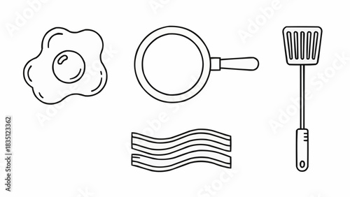 Hand Drawn Breakfast Icons Featuring Fried Egg Bacon and Utensils.