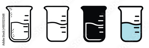 Set of four laboratory beaker icons showing different graphic styles including doodle, line art, silhouette, and color fill for scientific or medical concepts
