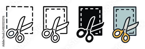 Set of four coupon cutting icons with scissors along a dashed line, presented in various styles including line art, solid glyph, and a full color version for graphic design