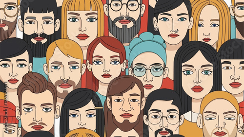 A diverse crowd of illustrated people looking forward together.