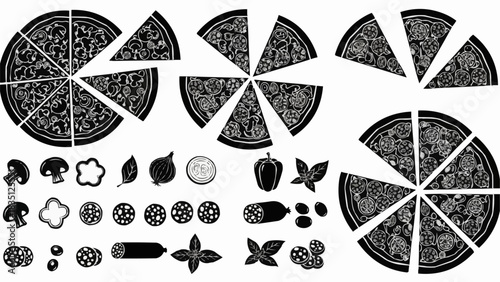 Collection of pizza slices and ingredients for pizza making.